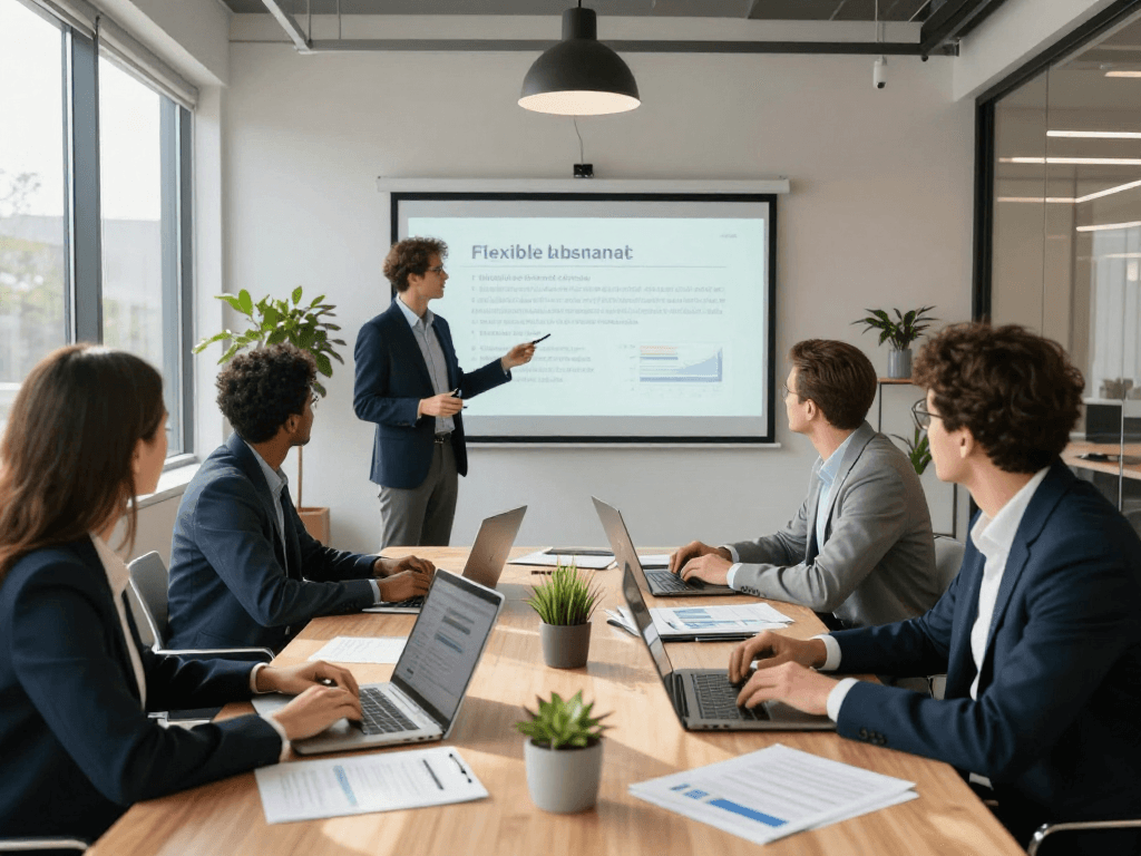 Professionele meeting over zakelijk krediet in een modern kantoor met een diverse groep mensen die samenwerken.