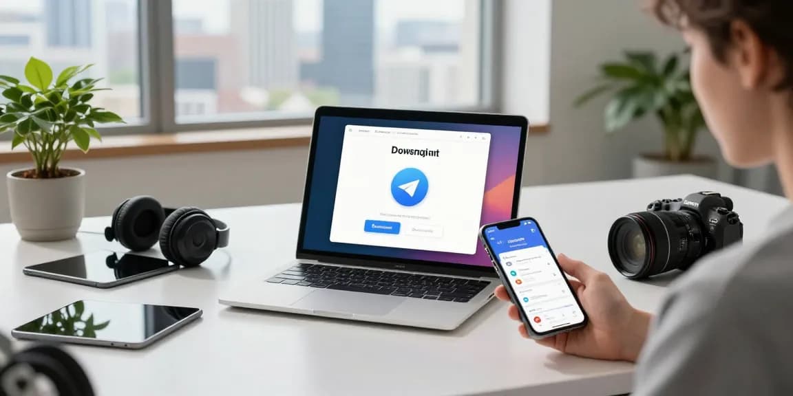 Download Telegram on a modern laptop with vibrant tech accessories in a sleek workspace.