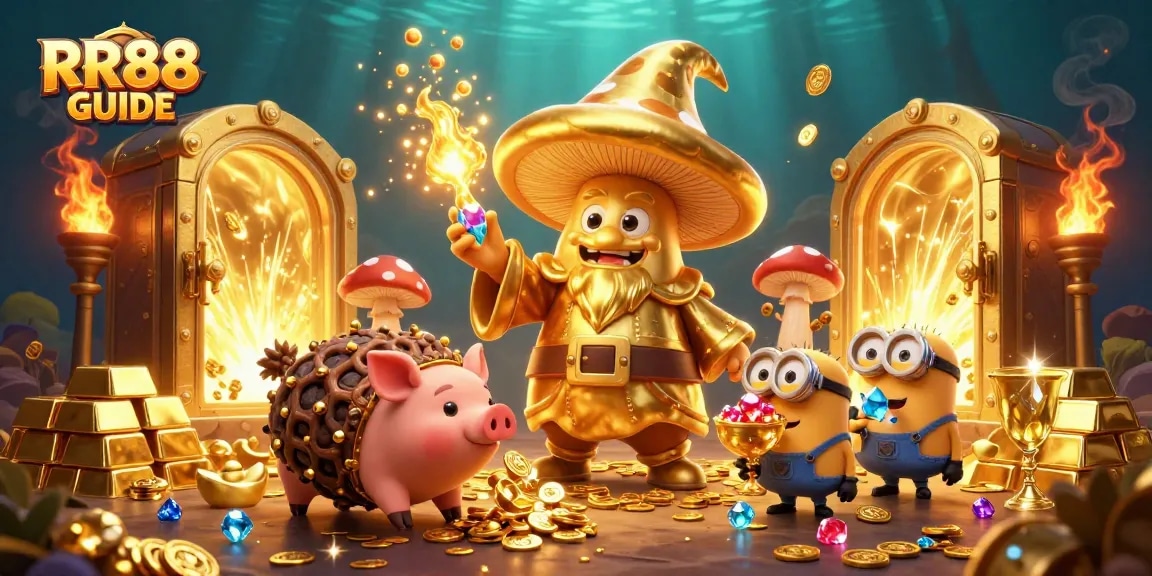 Uncover riches with RR88 GUIDE featuring a golden wizard, treasure, and dynamic casino elements.
