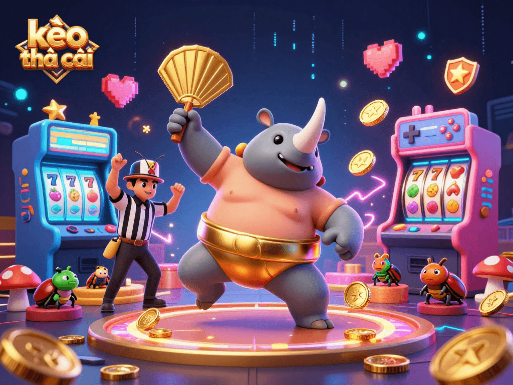 Experience the thrill of kèo nhà cái as a beetle sumo champion stomps coins amidst lively gaming elements.