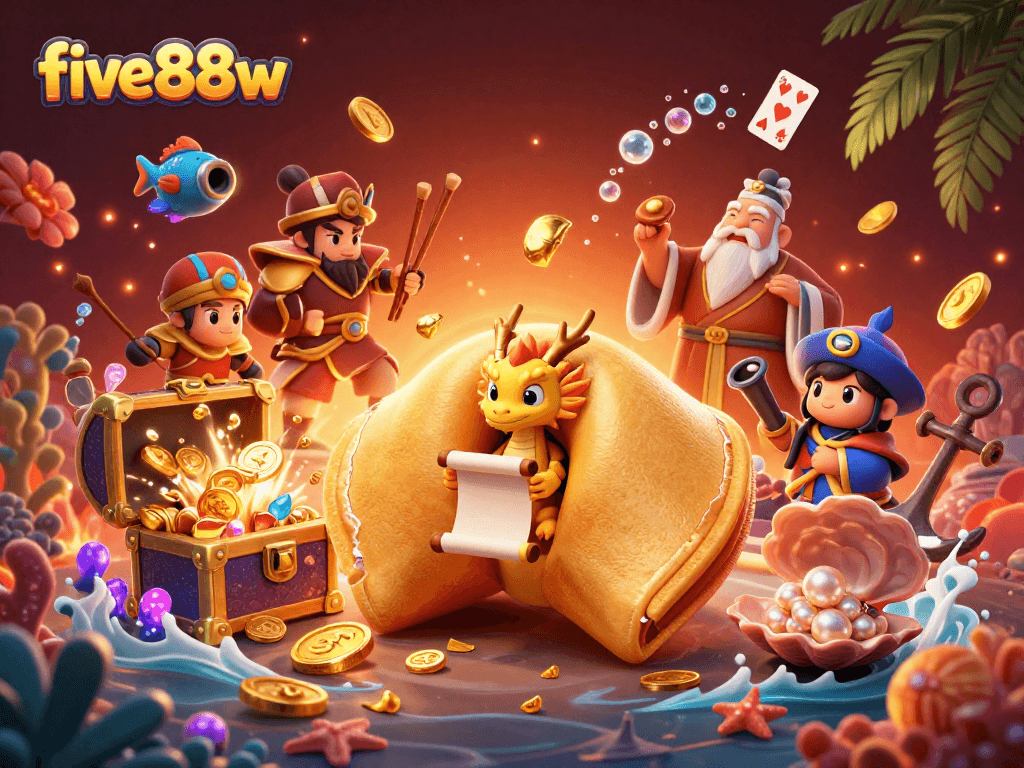 Win big with five88w at this vibrant casino-themed illustration filled with golden treasures.