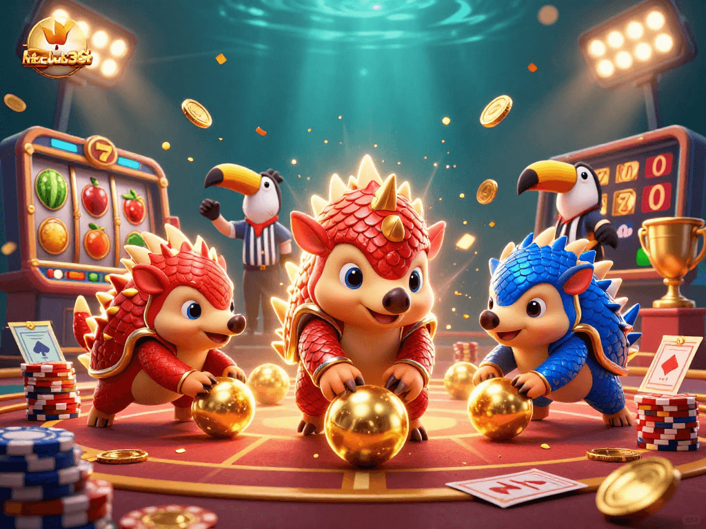 Engage in fun with hitclub368 as colorful pangolins bowl through poker chips in an exciting casino scene.