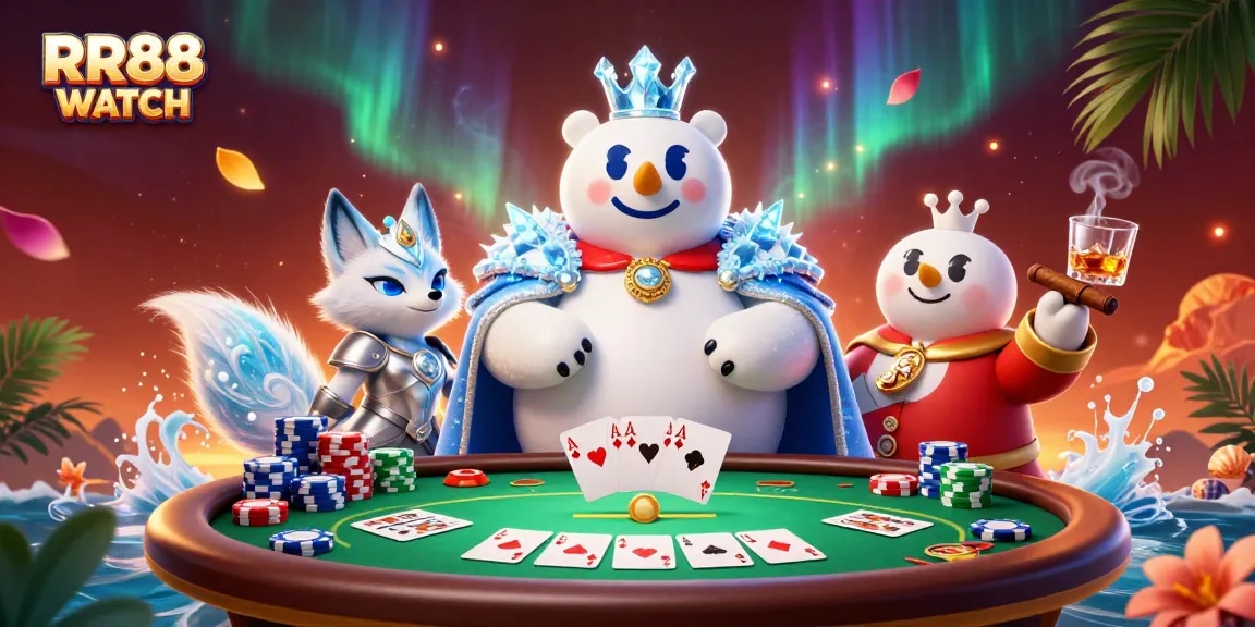 Experience RR88 WATCH's dynamic poker scene with an ice king polar bear and silver fox amid vibrant game elements.