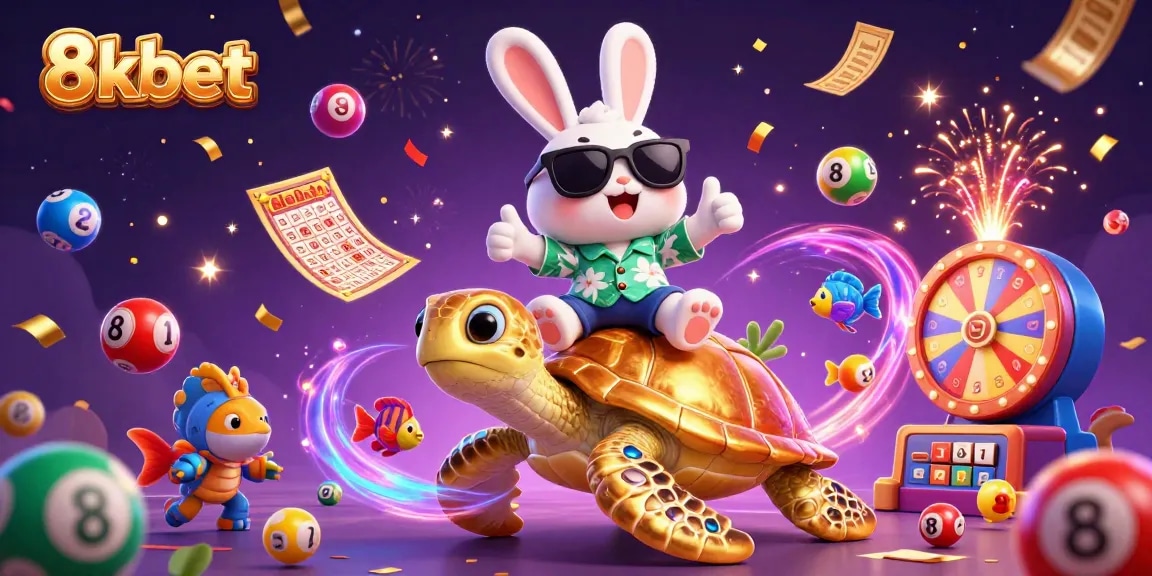 Engage with 8kbet’s vibrant celebration in this lively lottery-themed illustration.