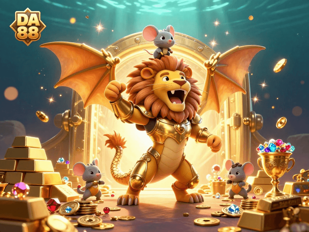 Experience thrilling wins at DA 88 with a roaring chimera and treasure-filled casino scene.