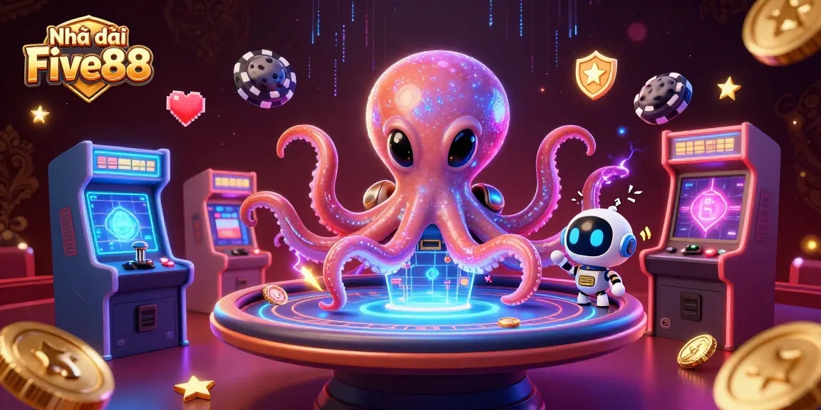 Engage with Nhà cái Five88's exciting holographic poker table in a vibrant alien casino setting.