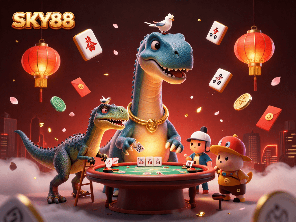 Experience the thrills at SKY88 with this vibrant casino scene featuring playful dinosaurs and dynamic game elements.