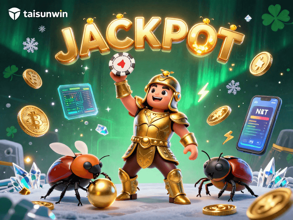 Engage with the taisunwin gaming experience as a victorious beetle lifts a poker chip amidst vibrant casino elements.