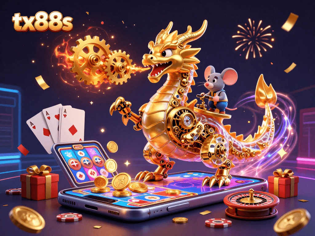 tx88s engaging in an exciting casino scene with a golden dragon and slot game actions