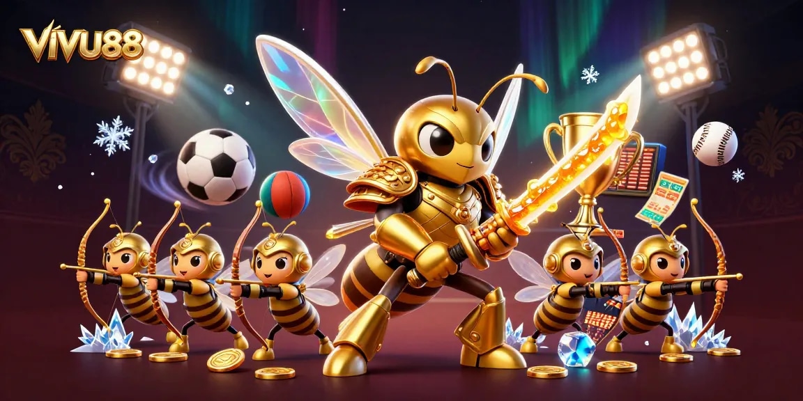 Engage in thrilling betting experiences at VIVU88 with dynamic sports action, golden trophies, and vibrant game elements.