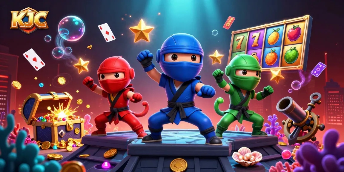KJC engages players with vibrant slot games and dynamic chameleon characters in an energetic casino scene.