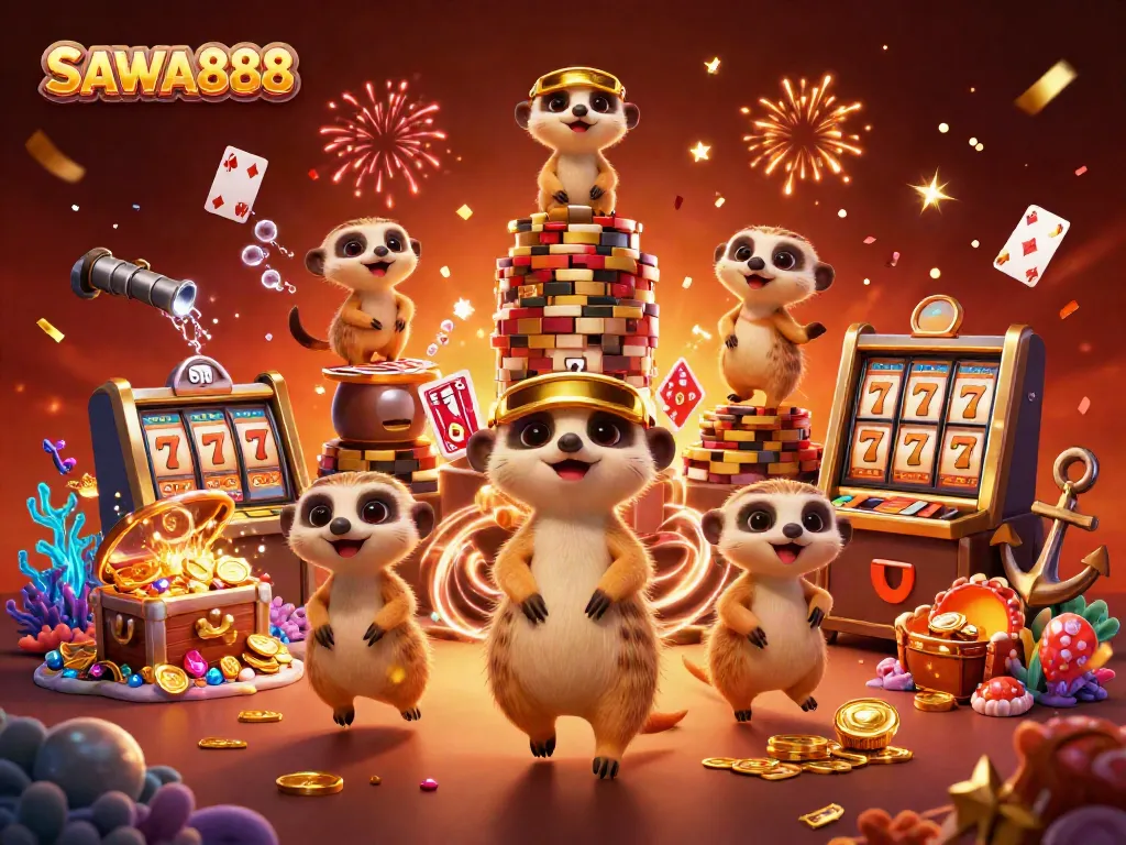 Experience the excitement of SAWA888 with a meerkat casino scene featuring lively characters and colorful gaming elements.