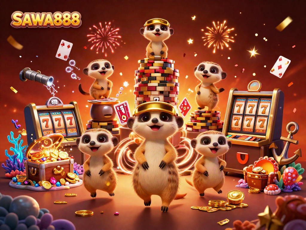 Experience the excitement of SAWA888 with a meerkat casino scene featuring lively characters and colorful gaming elements.