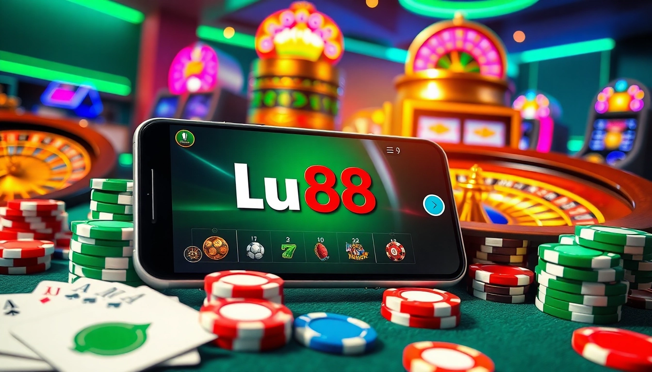 Engaging visual of the lu88 apk mobile casino interface surrounded by poker chips and cards.