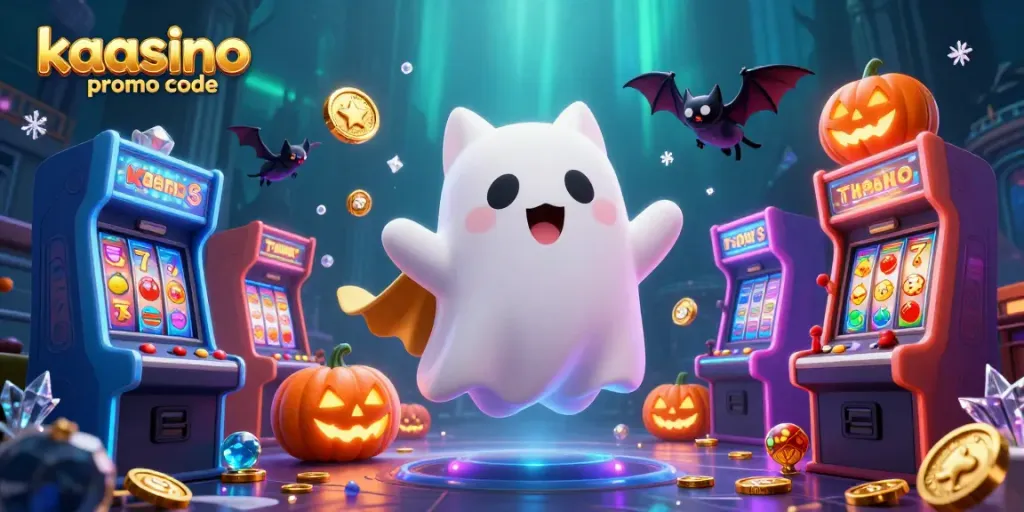 Unlock winnings with kaasino promo code in a vibrant haunted casino scene filled with games and spooky fun.