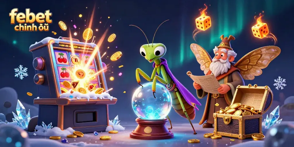 Engage with febet chính thức in this vibrant casino scene featuring a fortune teller and dramatic slot machine.