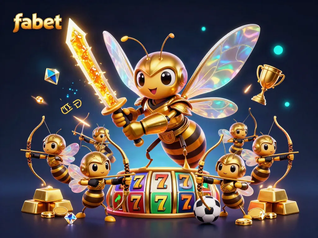 Experience thrilling gameplay at fabet with a vibrant illustration of golden hornets, slot reels, and sports elements.
