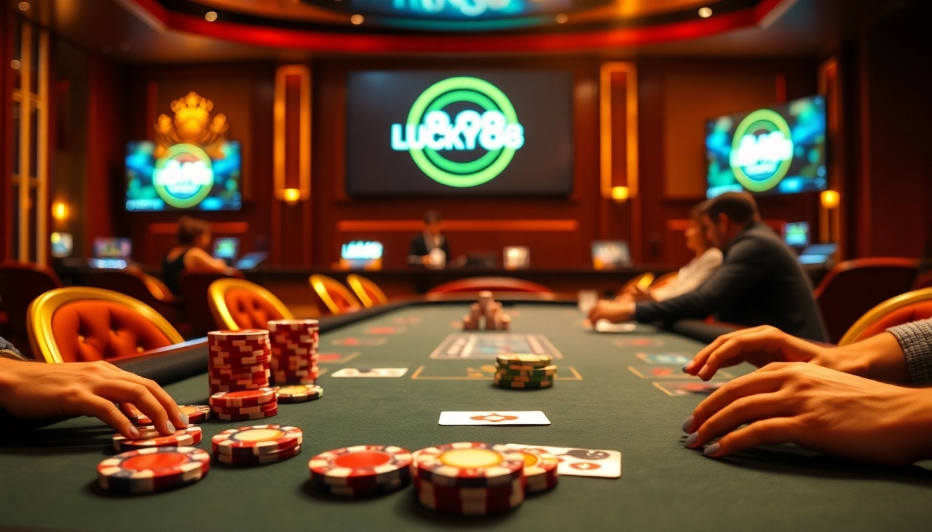 Experience the thrill of LUCKY88 with a vibrant casino scene filled with poker chips and cards.
