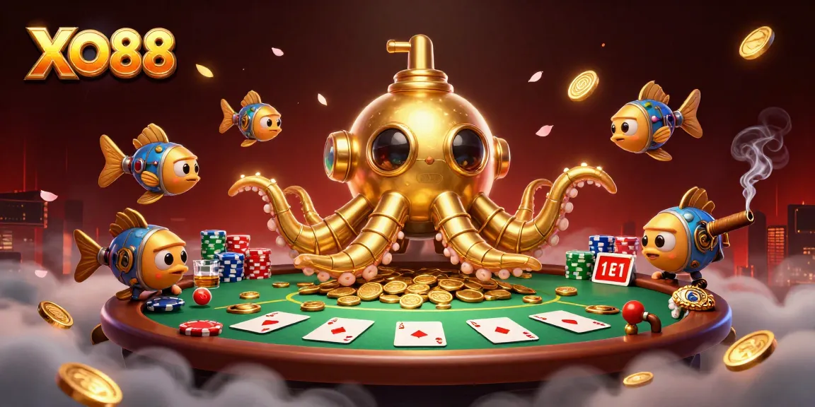 XO88 casino illustration featuring a golden kraken submarine among poker elements and gold coins for immersive gaming.
