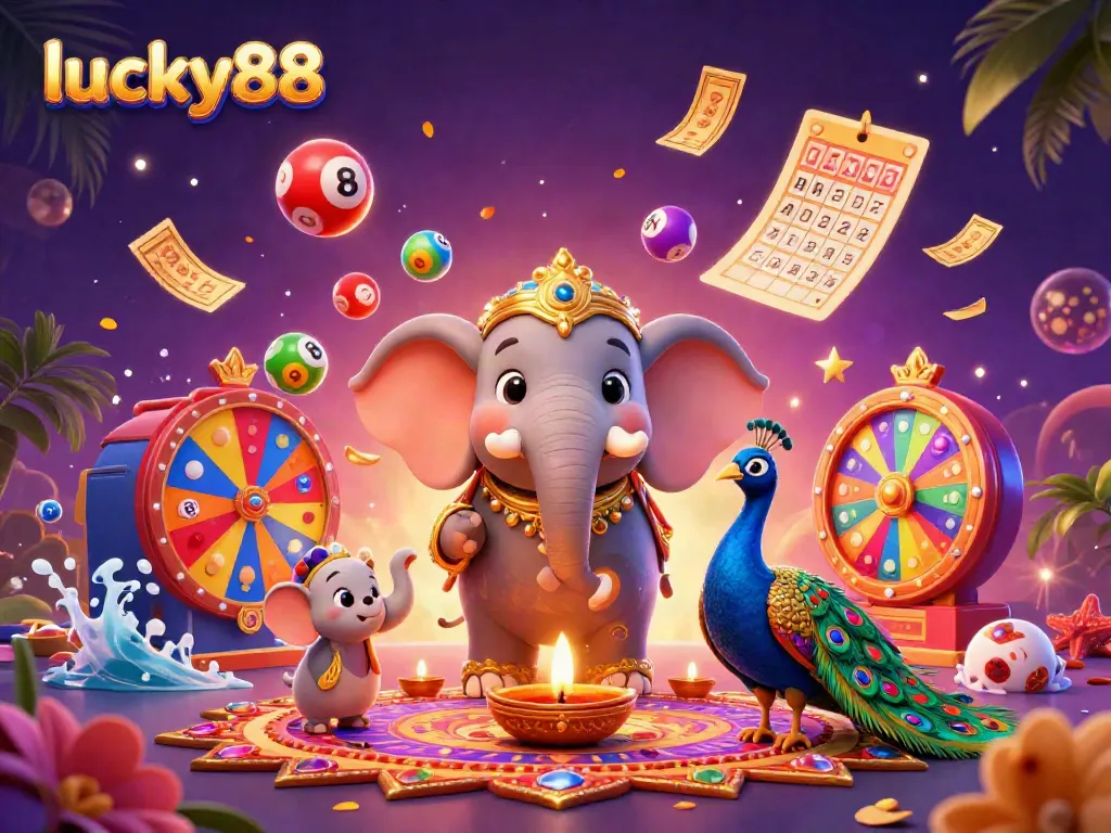 Experience the excitement of lucky88 with bright lottery elements and festive characters in this colorful scene.