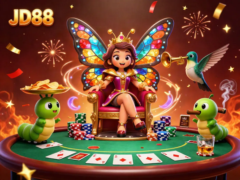 Experience the excitement of JD88 casino with a vibrant butterfly queen and gaming elements.