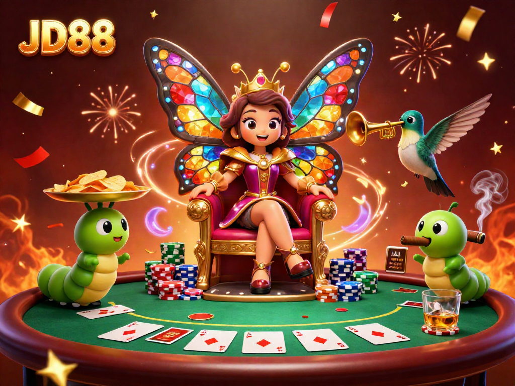 Experience the excitement of JD88 casino with a vibrant butterfly queen and gaming elements.