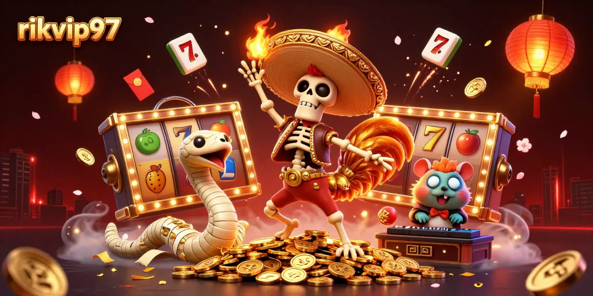 rikvip97 showcases vibrant 3D illustration of a dancing skeleton and gaming elements to captivate gamblers.