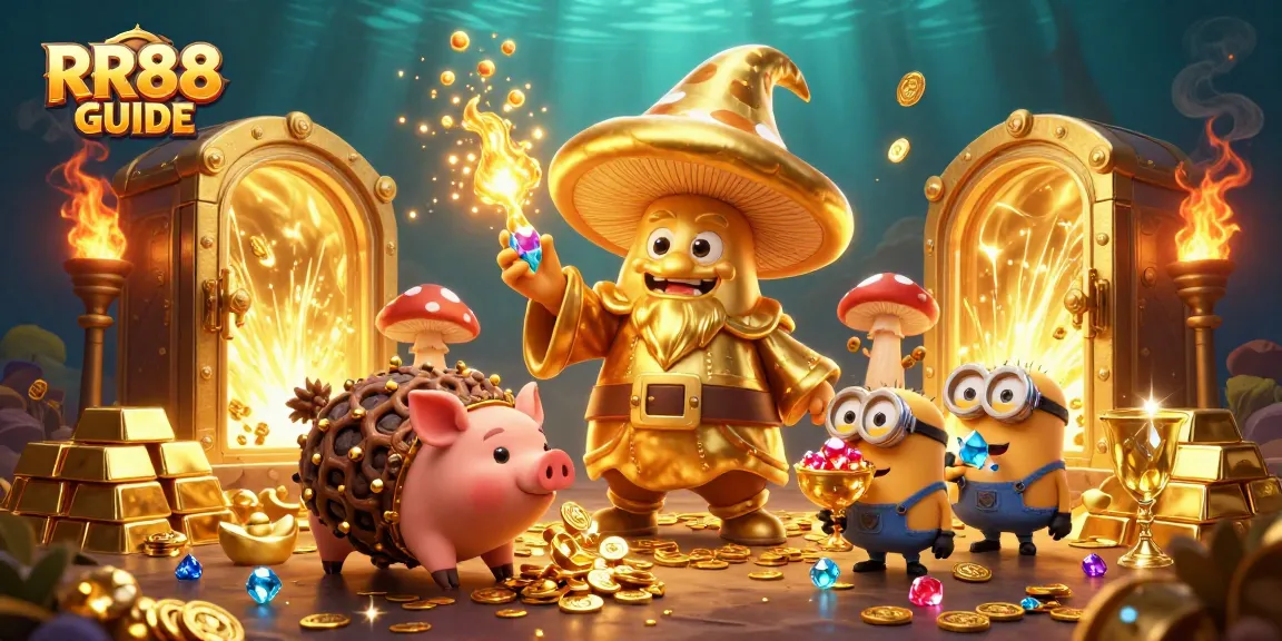 Uncover riches with RR88 GUIDE featuring a golden wizard, treasure, and dynamic casino elements.