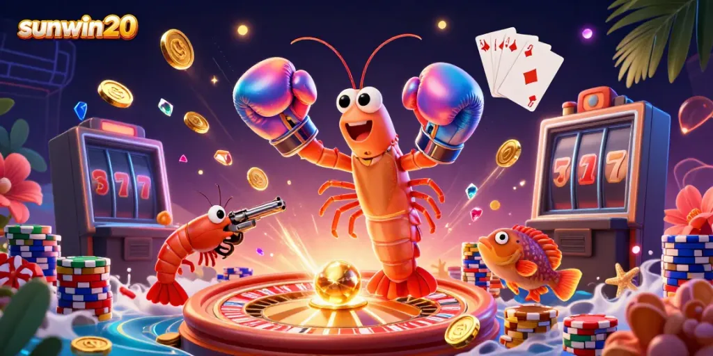 Engage with exciting games in sunwin20, showcasing vibrant 3D shrimp characters amidst floating coins and casino elements.