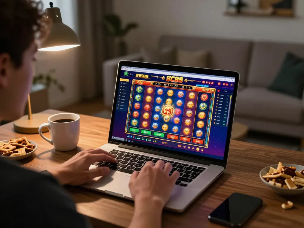 Player engaging with SC88 online casino interface during a relaxing home gaming session.