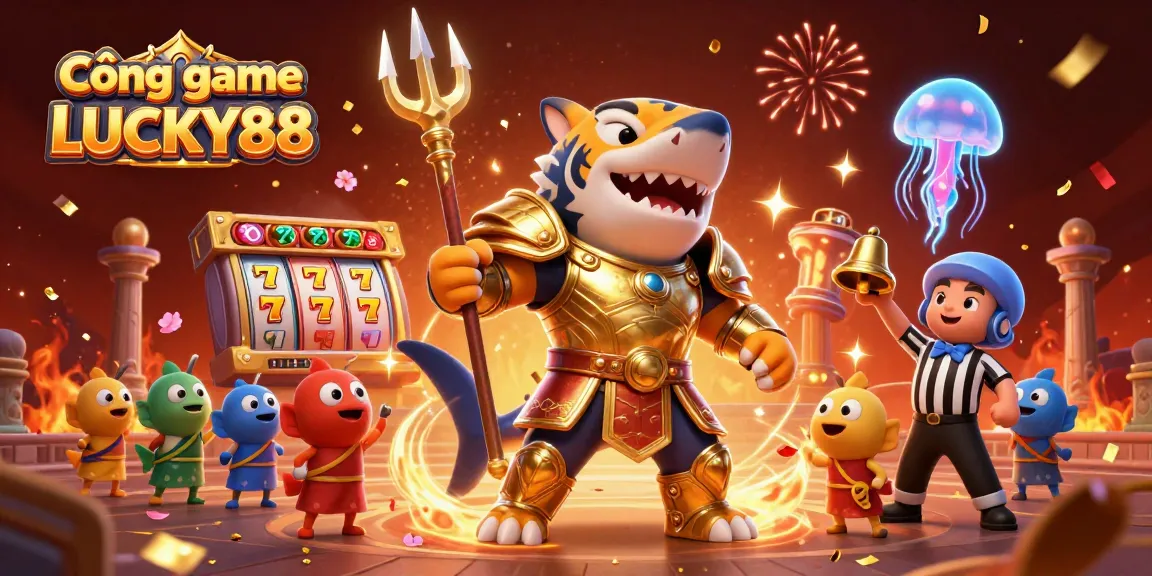 Cổng game LUCKY88 showcases an underwater colosseum with a tiger shark in golden armor, illustrating exciting gaming moments.