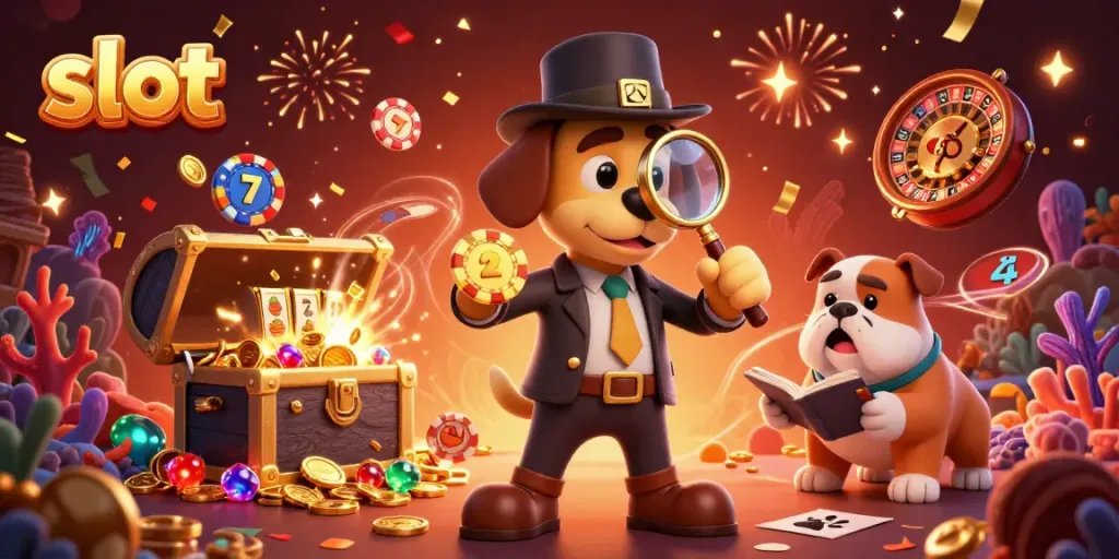 Investigate thrilling slot games with the detective and bulldog in an exciting casino scene.