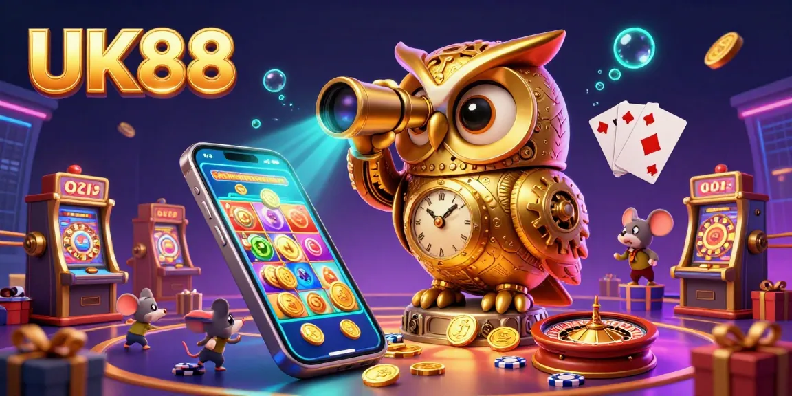 Engage with UK88's vibrant casino atmosphere featuring a whimsical owl and interactive gaming elements.