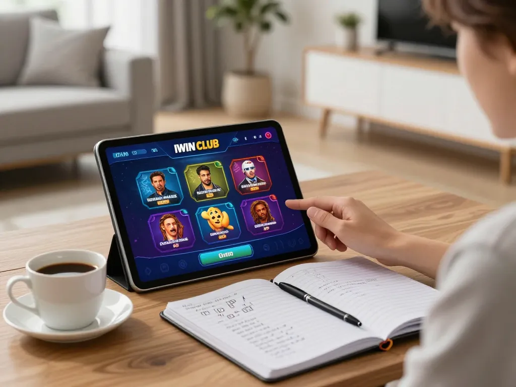 IWIN CLUB app displayed on tablet as player enjoys online gaming experience with strategic notes