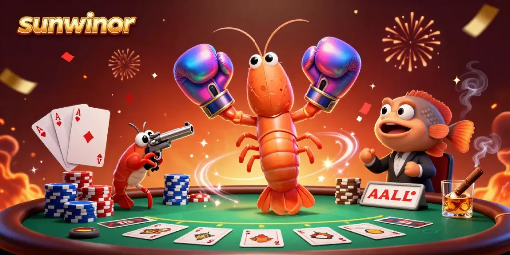 Experience the excitement of sunwinor as a mantis shrimp celebrates at a poker table surrounded by vibrant casino elements.