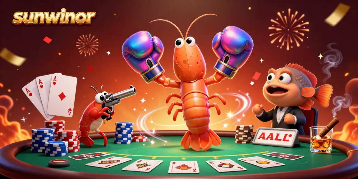 Experience the excitement of sunwinor as a mantis shrimp celebrates at a poker table surrounded by vibrant casino elements.