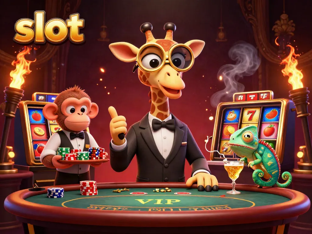Experience slot excitement with a high-roller giraffe and joyful casino atmosphere.