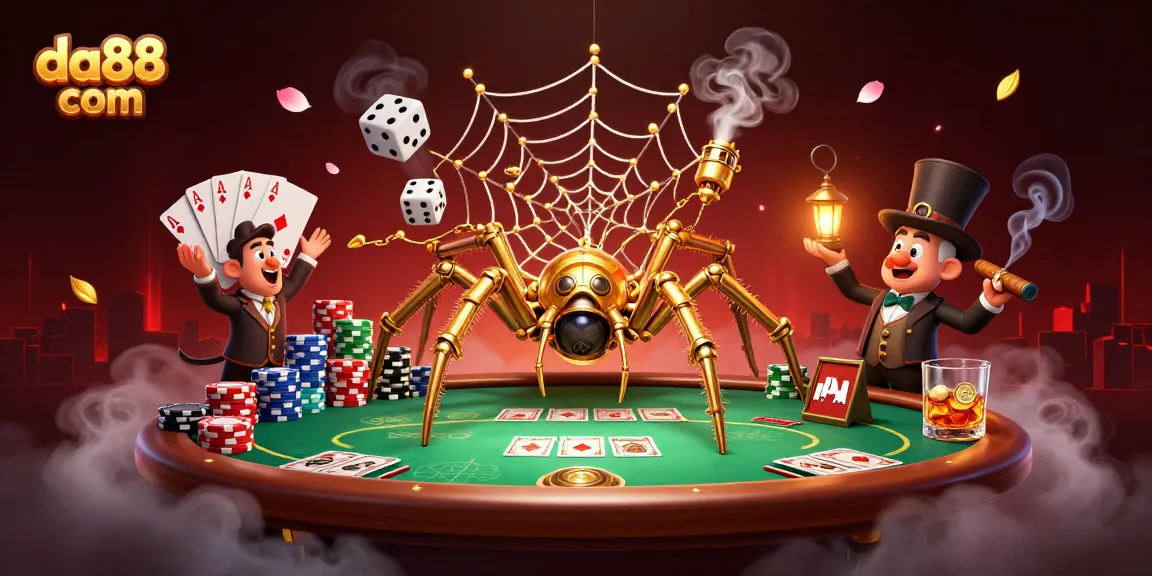 Engage with the intricate web of da88 com, where a steampunk spider and Victorian fly capture the thrill of poker.