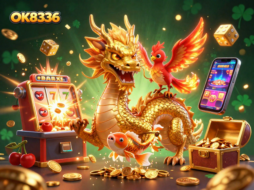 Engage with OK8336's vibrant casino world featuring a golden dragon, phoenix, and koi amidst slot machines!
