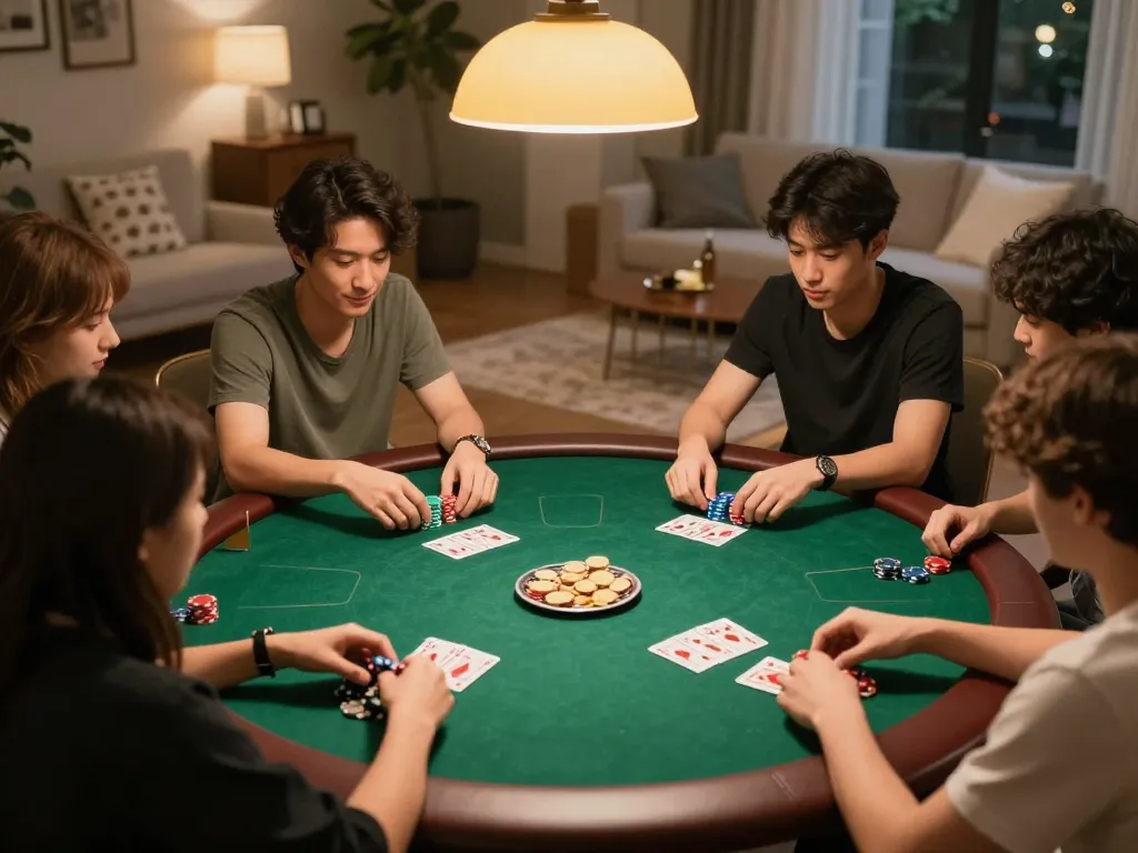 Engage in strategic poker gameplay at home with Link Da88 chính thức in focus, friends showcasing vibrant action.