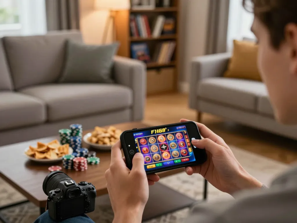 Player enjoying mobile casino gaming with F168, vibrant slot graphics showcased on smartphone in cozy home setup.