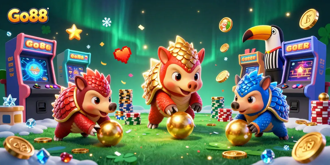 Experience thrilling gameplay at Go88 with cartoon pangolins amid vibrant casino elements.