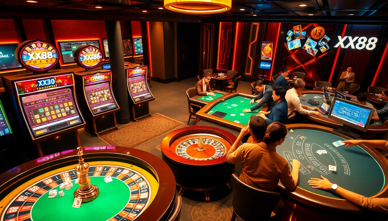 Gamblers enjoying an exciting moment at XX88 online casino, featuring vibrant tables and slot machines.