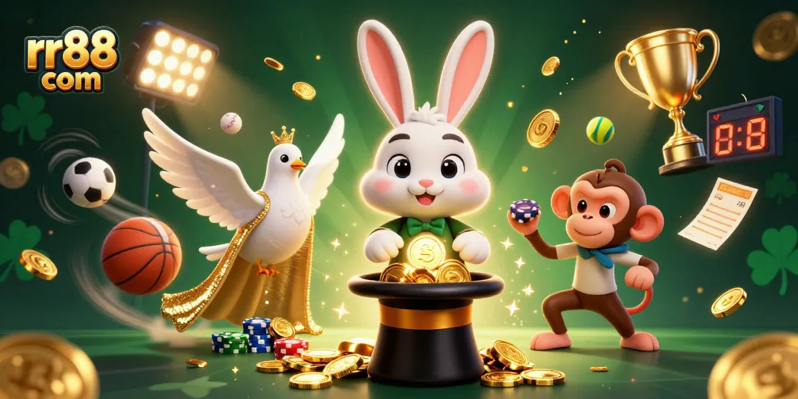 Engage in thrilling gaming with rr88 com featuring an energetic scene, unique characters, and casino elements.