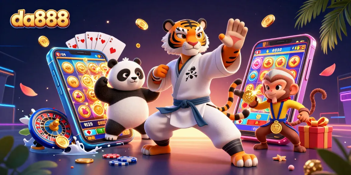Experience da888 thrills with an engaging 3D casino illustration showcasing vibrant gaming elements.