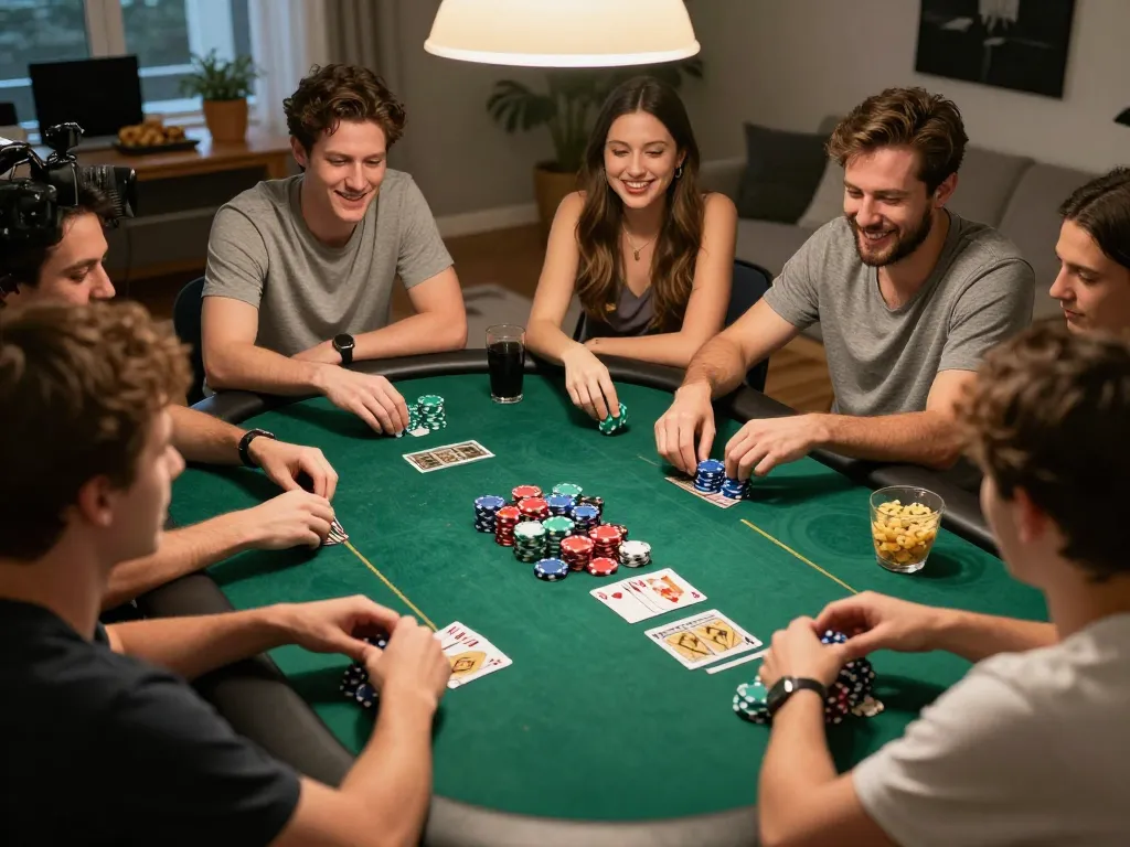 Tic88 players engage in an exciting home poker game with vibrant chips and cards.