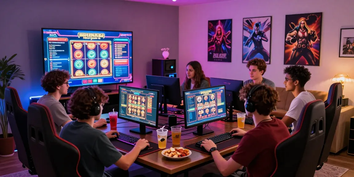 Exciting gaming setup showing players enjoying MMOO.COM online casino experience with vibrant ambiance and snacks.