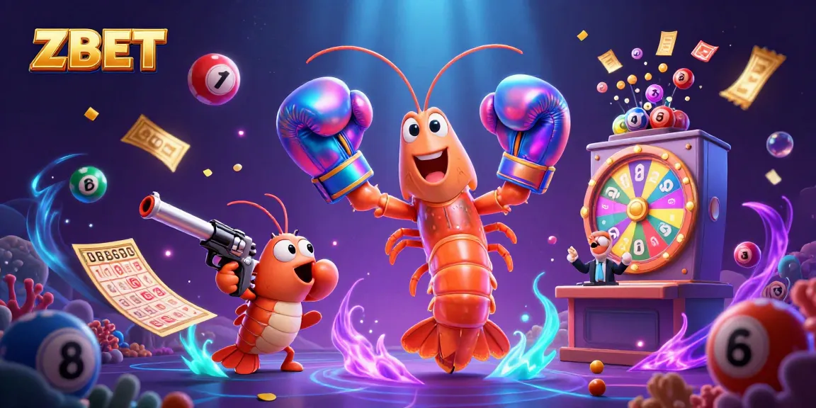 ZBET's winning scene showcases a dynamic animated 3D shrimp illustration with vibrant casino elements.