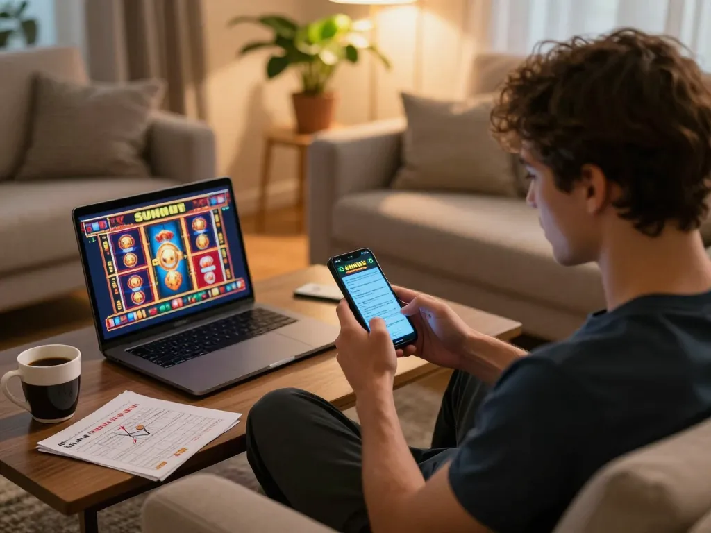 Engaging with the Sunwin casino app on a smartphone, showcasing strategic gameplay in a cozy home setting.