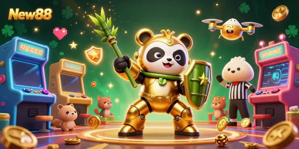 Engage with New88 through a lavish 3D casino scene filled with characters and game elements.